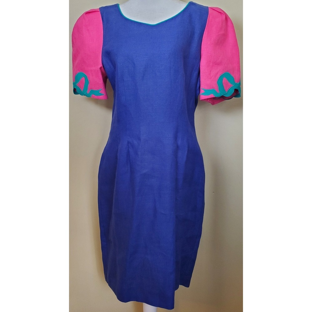 Vintage Sharon Young Linen Knee Length Dress Short Sleeve 12 90's Y2K Barbiecore